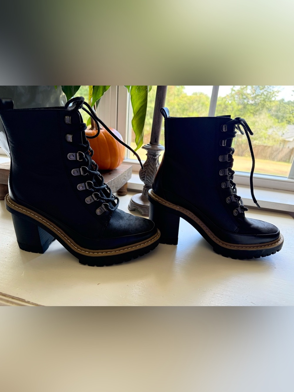A New Day Tessa Winter Combat Chunky Block Heel Lace Up Faux Leather Black Boot